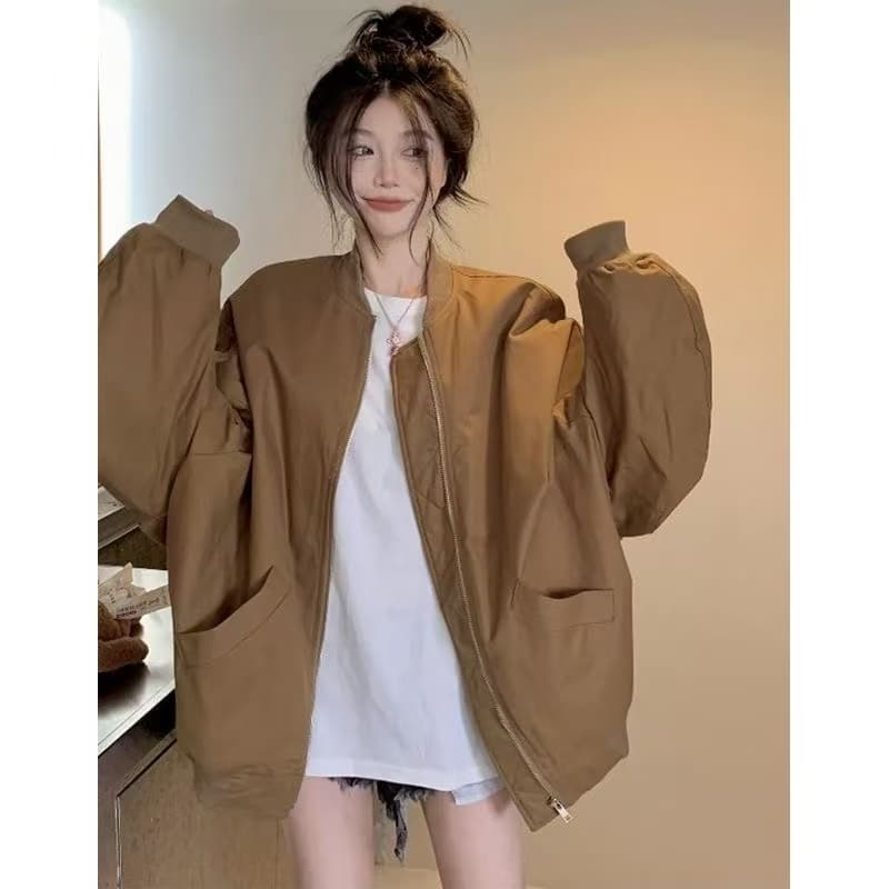 브라운 스탠드 칼라 야구 유니폼 여성 코트 가을 겨울 2025 새로운 아메리칸 레트로 루즈핏 파일럿 재킷 맨위 상세 이미지 3