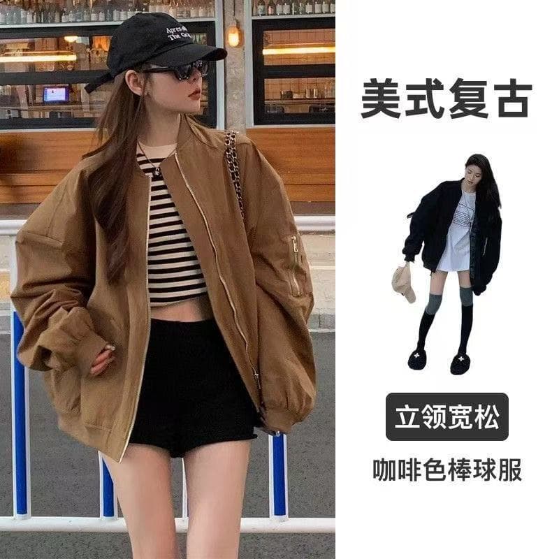 브라운 스탠드 칼라 야구 유니폼 여성 코트 가을 겨울 2025 새로운 아메리칸 레트로 루즈핏 파일럿 재킷 맨위 상세 이미지 8