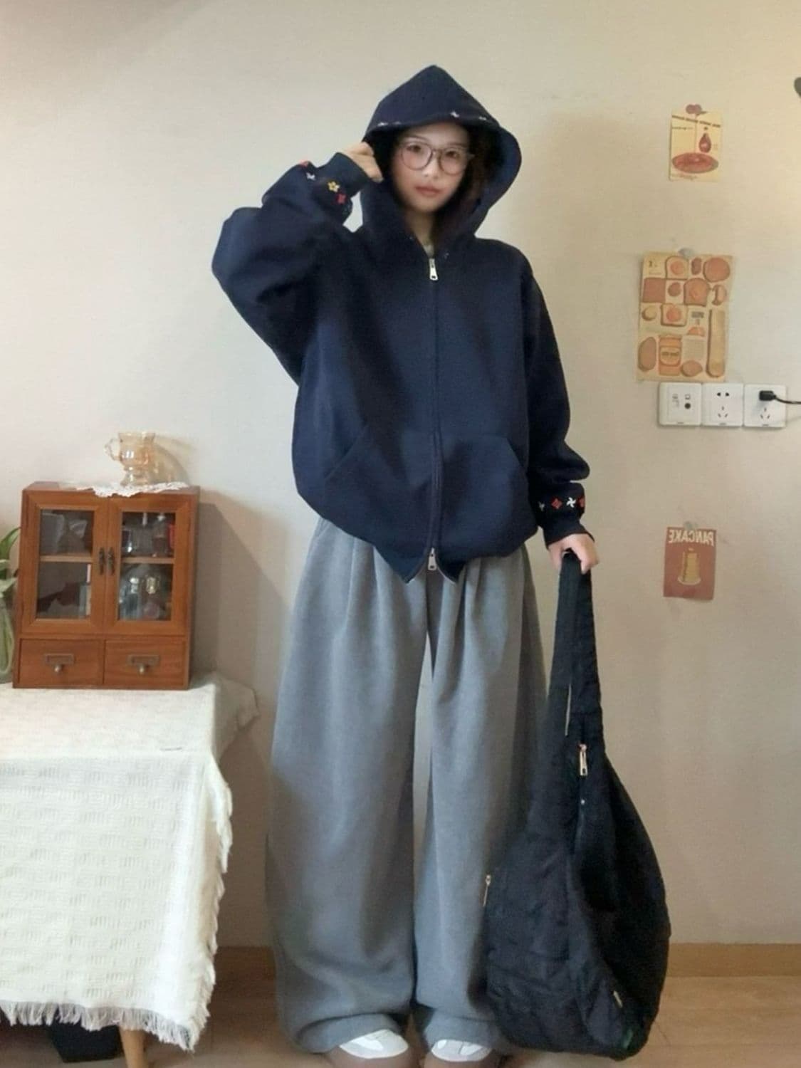 얇은 스타일 털이 있는 자수 더블 머리 지퍼 순수한 Mianhua 면 복합 후드티 여성 이미지 3