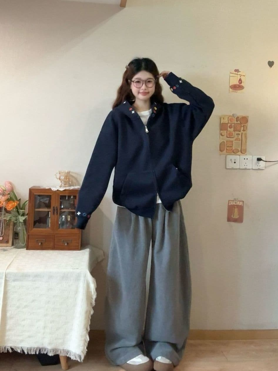 얇은 스타일 털이 있는 자수 더블 머리 지퍼 순수한 Mianhua 면 복합 후드티 여성 상세 이미지 2