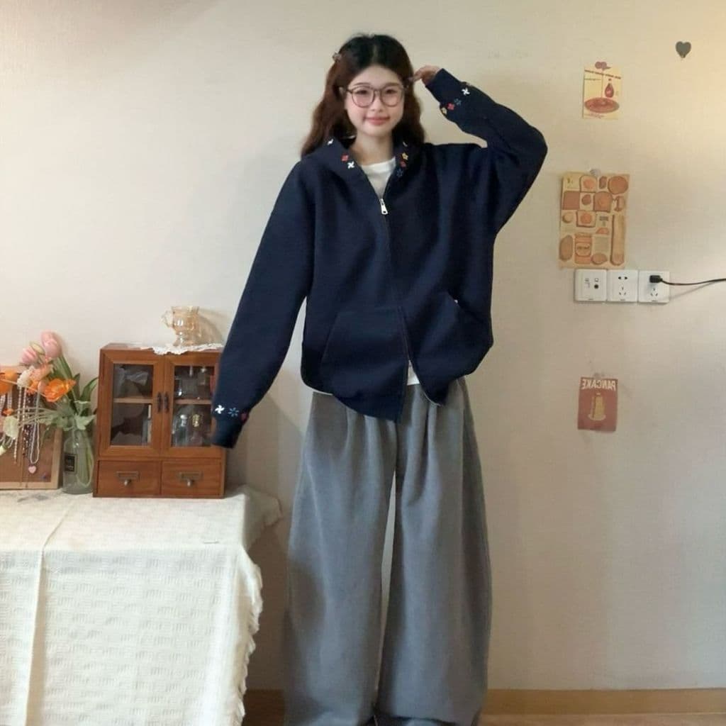 얇은 스타일 털이 있는 자수 더블 머리 지퍼 순수한 Mianhua 면 복합 후드티 여성 상세 이미지 6