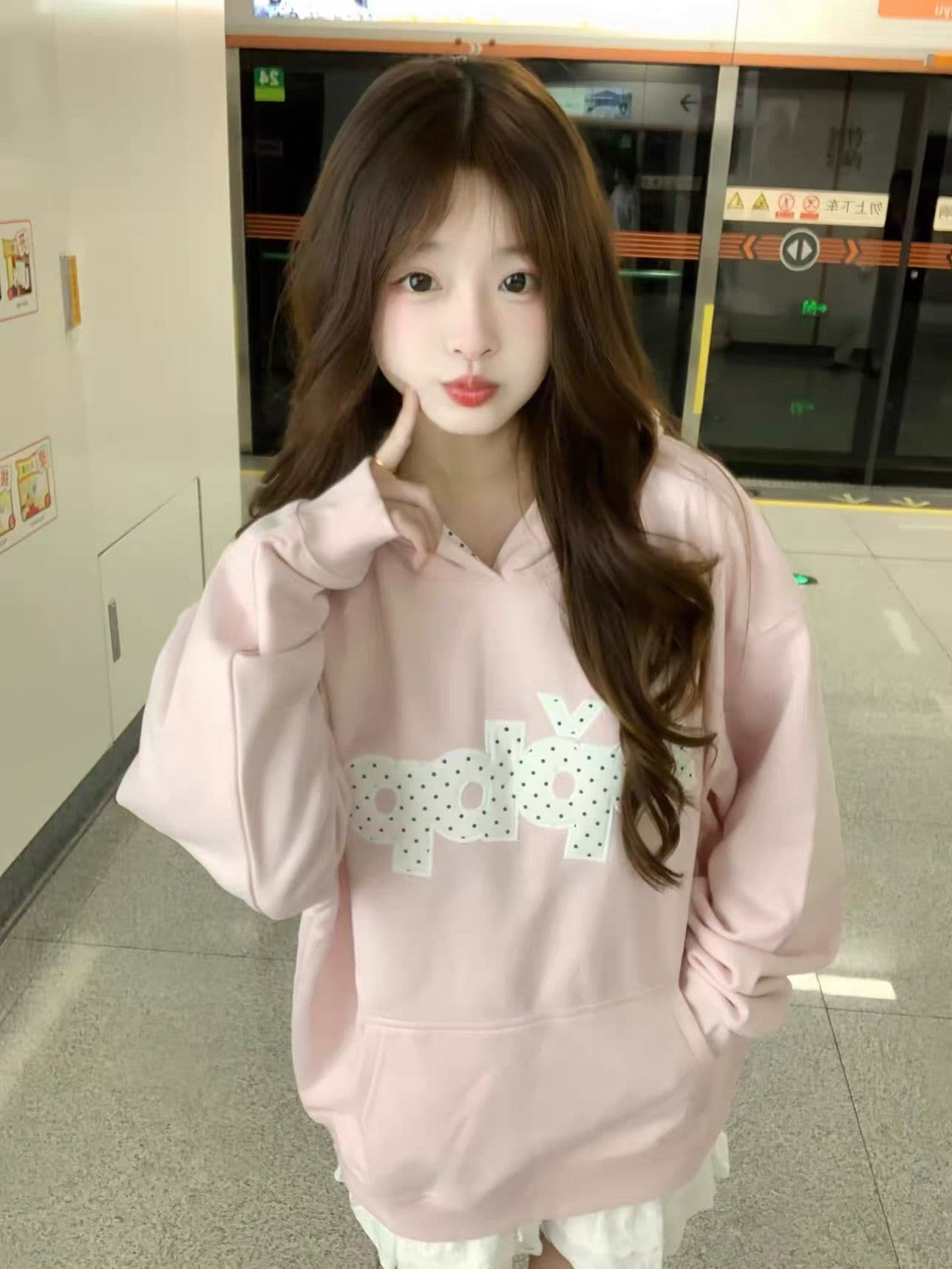 얇은 스타일 모자 인사이드 도트 무늬 자수 패치 이후 패키지 칼라 순수한 Mianhua 면 복합 후드티 여성 이미지 2