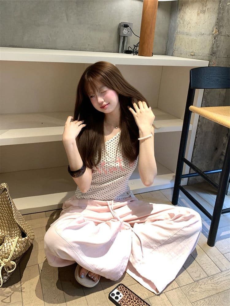 1 1 라이 우아한 260 그램 한 부서 달콤한 매운맛 순수한 욕망 오프숄더 도트 무늬 민소매 티셔츠 여성 여름 얇은 스타일 몸매 가꾸기 슬림해 보이는 맨위 상세 이미지 8