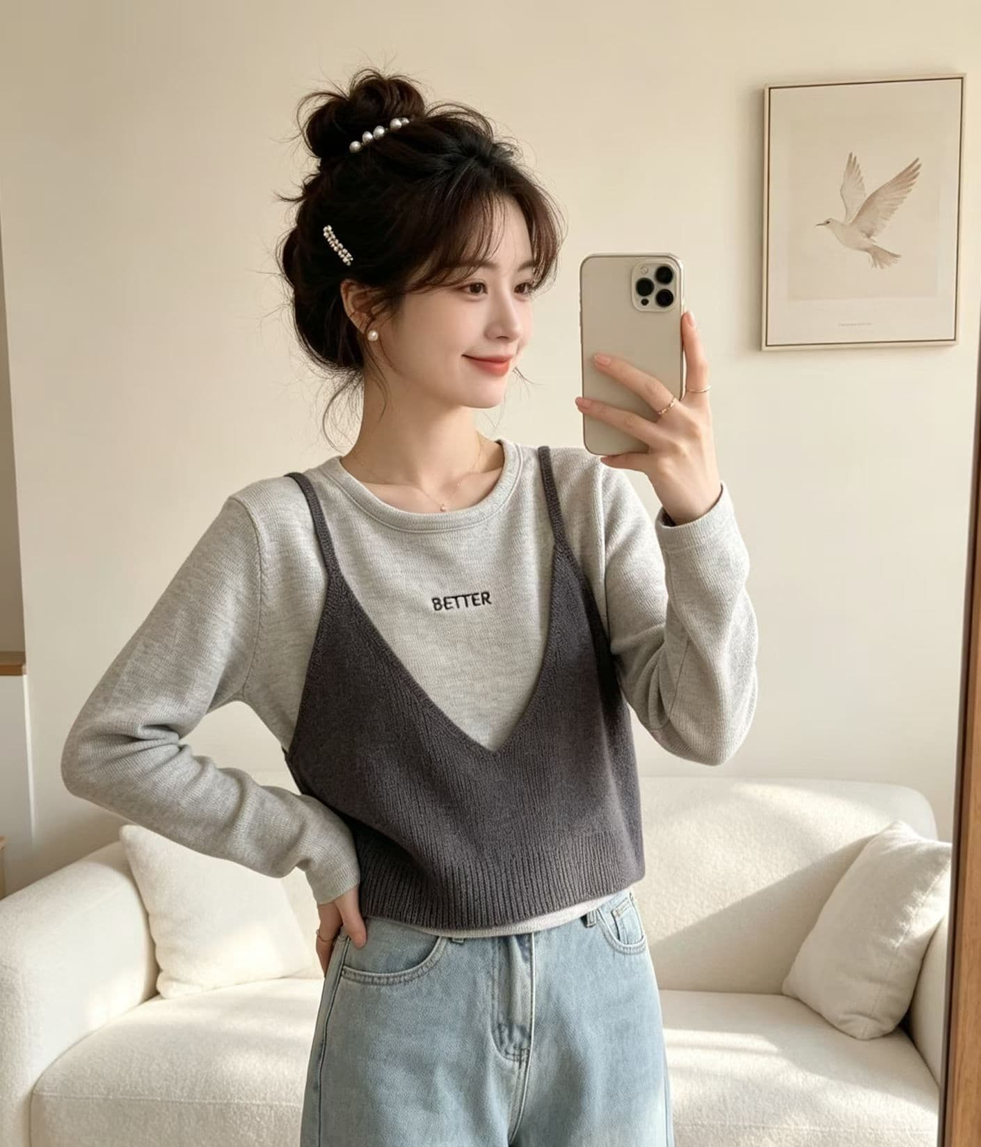 2026 한 부서 라운드 넥 패치워크 니트 페이크 레이어드 자수 풀오버 긴팔 상세 이미지 2