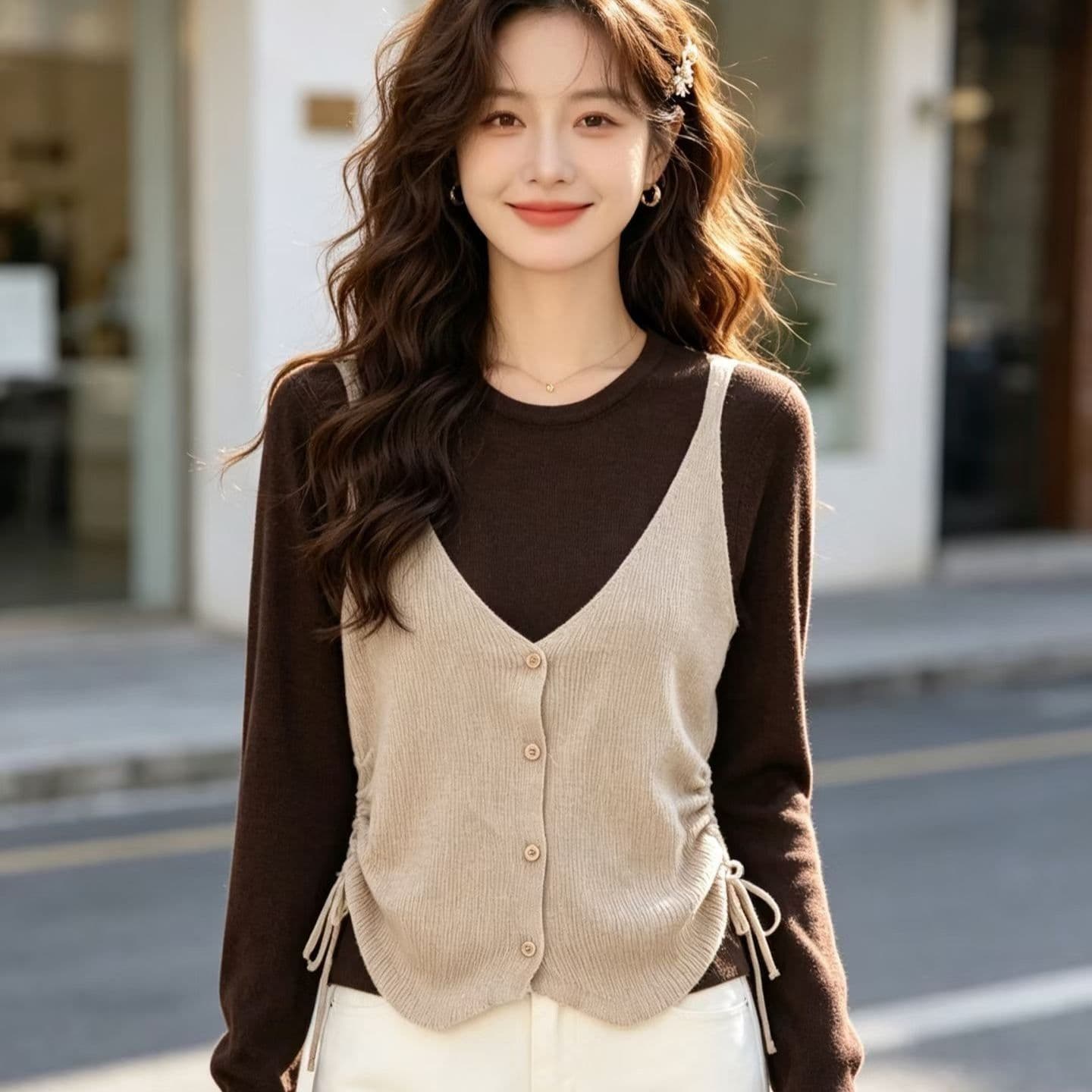 2026 한 부서 레트로 배색 페이크 레이어드 니트 펌프 로프 디자인 센스 허리 수축 풀오버 긴팔