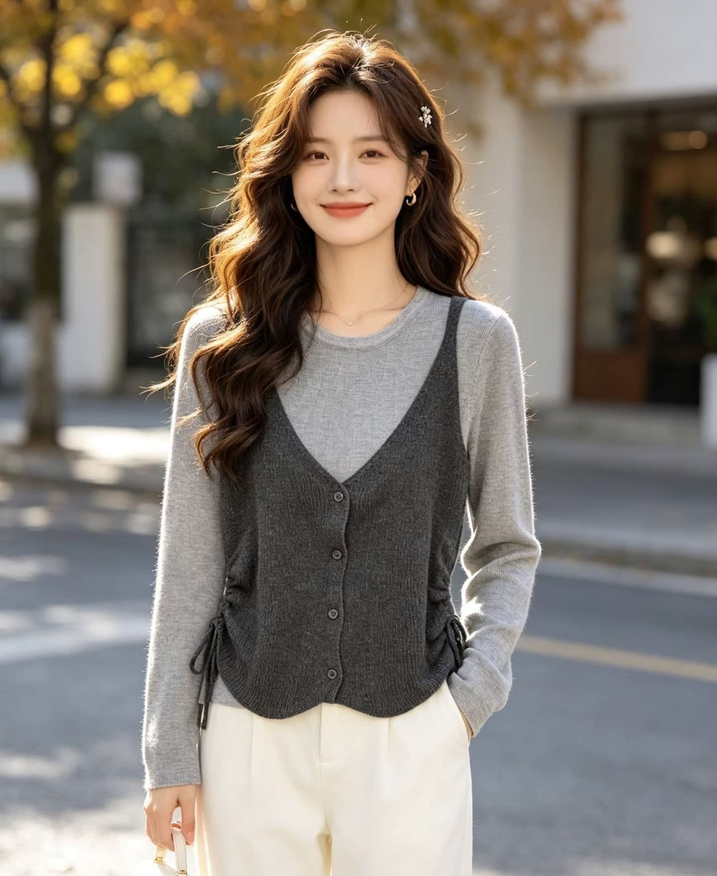 2026 한 부서 레트로 배색 페이크 레이어드 니트 펌프 로프 디자인 센스 허리 수축 풀오버 긴팔 이미지 4