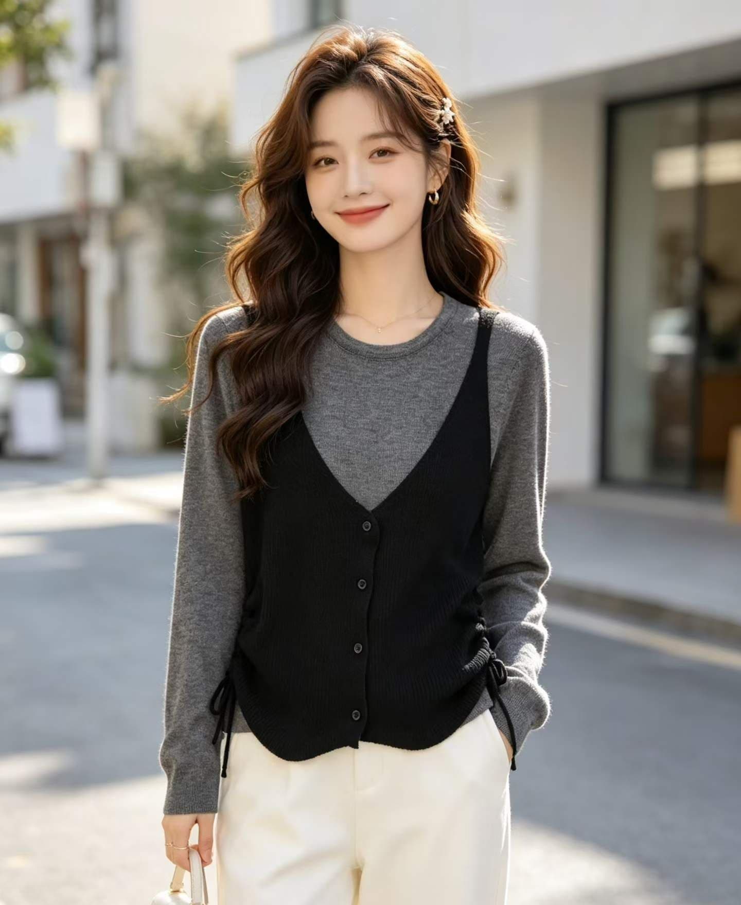 2026 한 부서 레트로 배색 페이크 레이어드 니트 펌프 로프 디자인 센스 허리 수축 풀오버 긴팔 상세 이미지 1