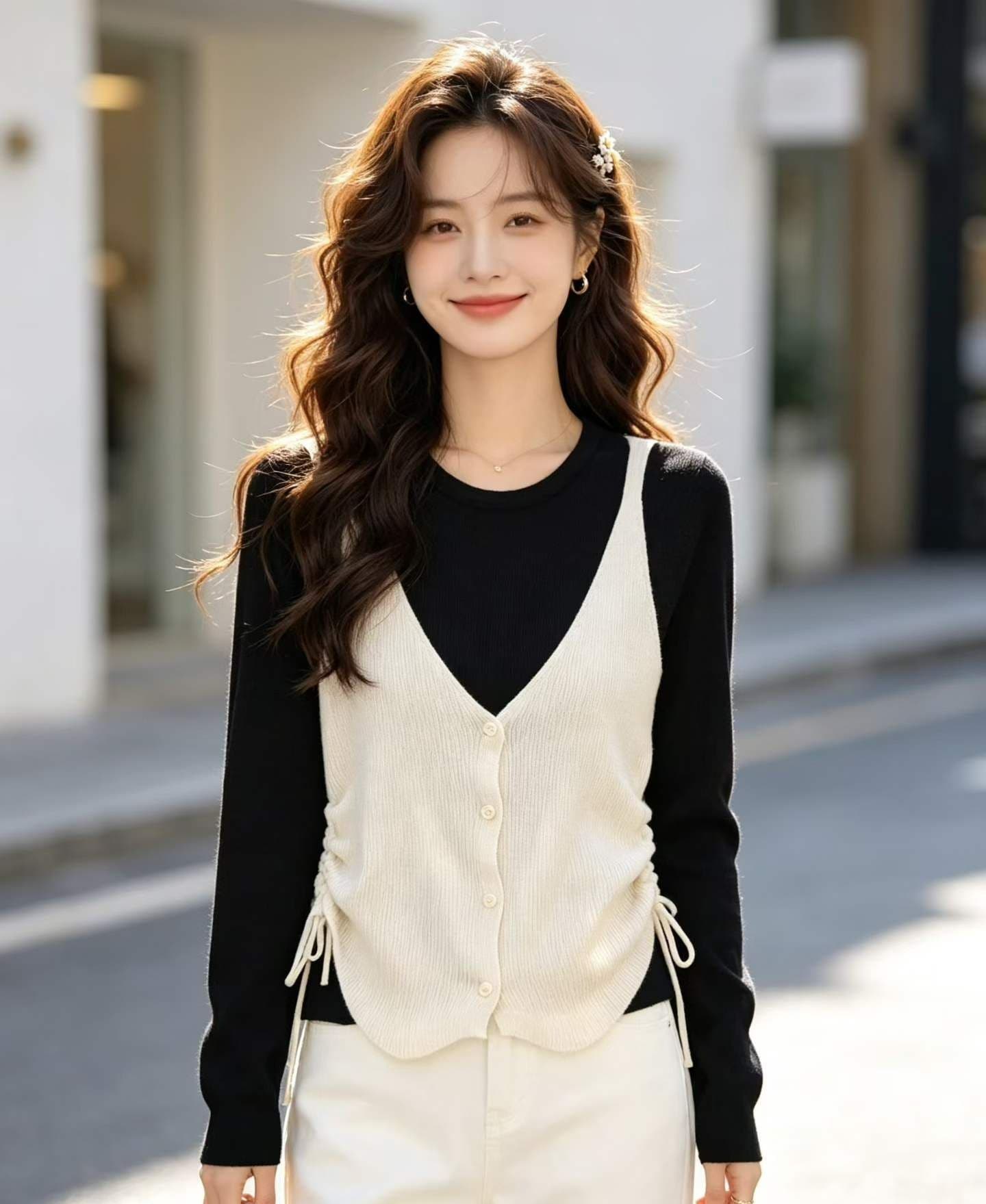 2026 한 부서 레트로 배색 페이크 레이어드 니트 펌프 로프 디자인 센스 허리 수축 풀오버 긴팔 상세 이미지 2