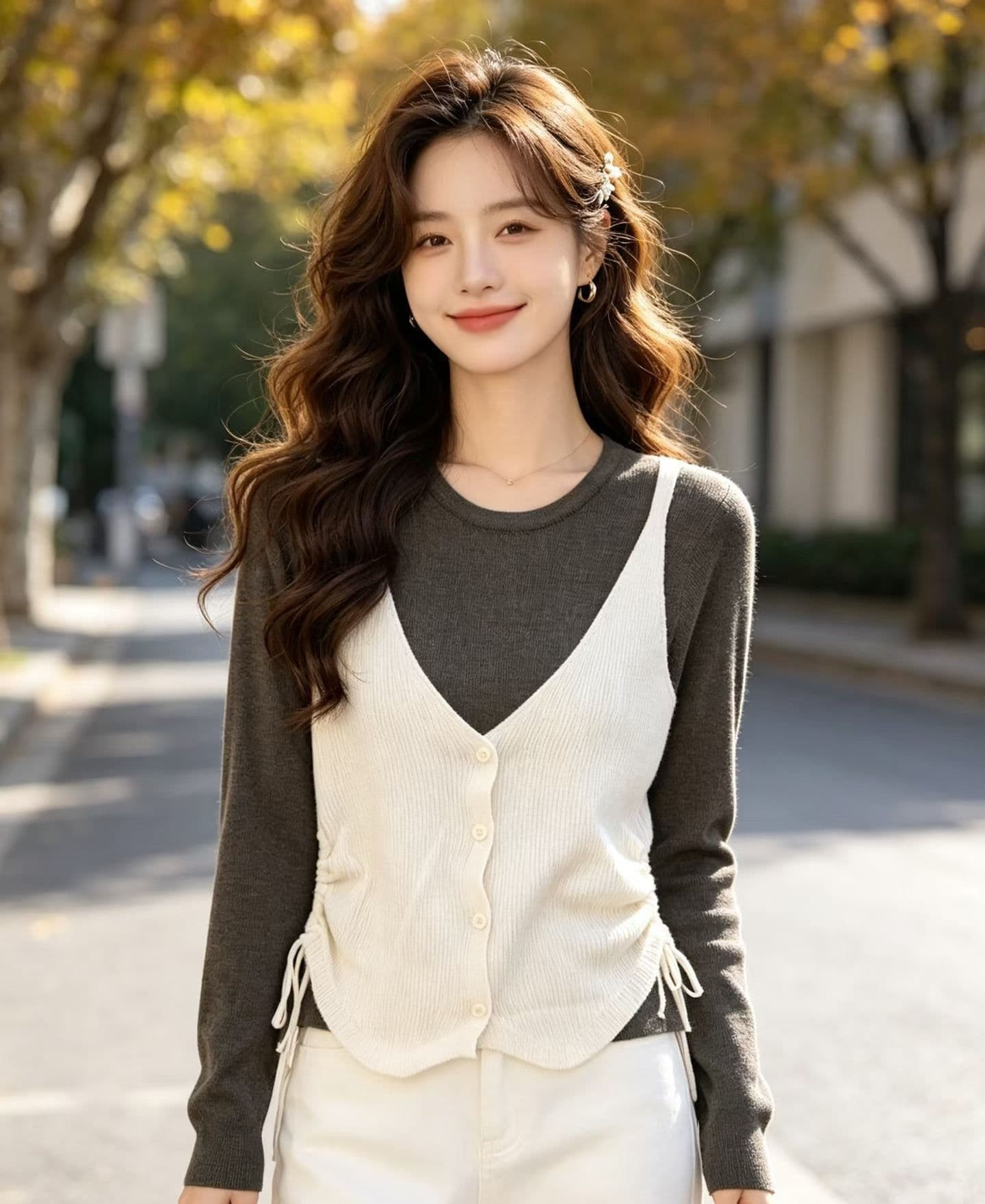 2026 한 부서 레트로 배색 페이크 레이어드 니트 펌프 로프 디자인 센스 허리 수축 풀오버 긴팔 상세 이미지 3