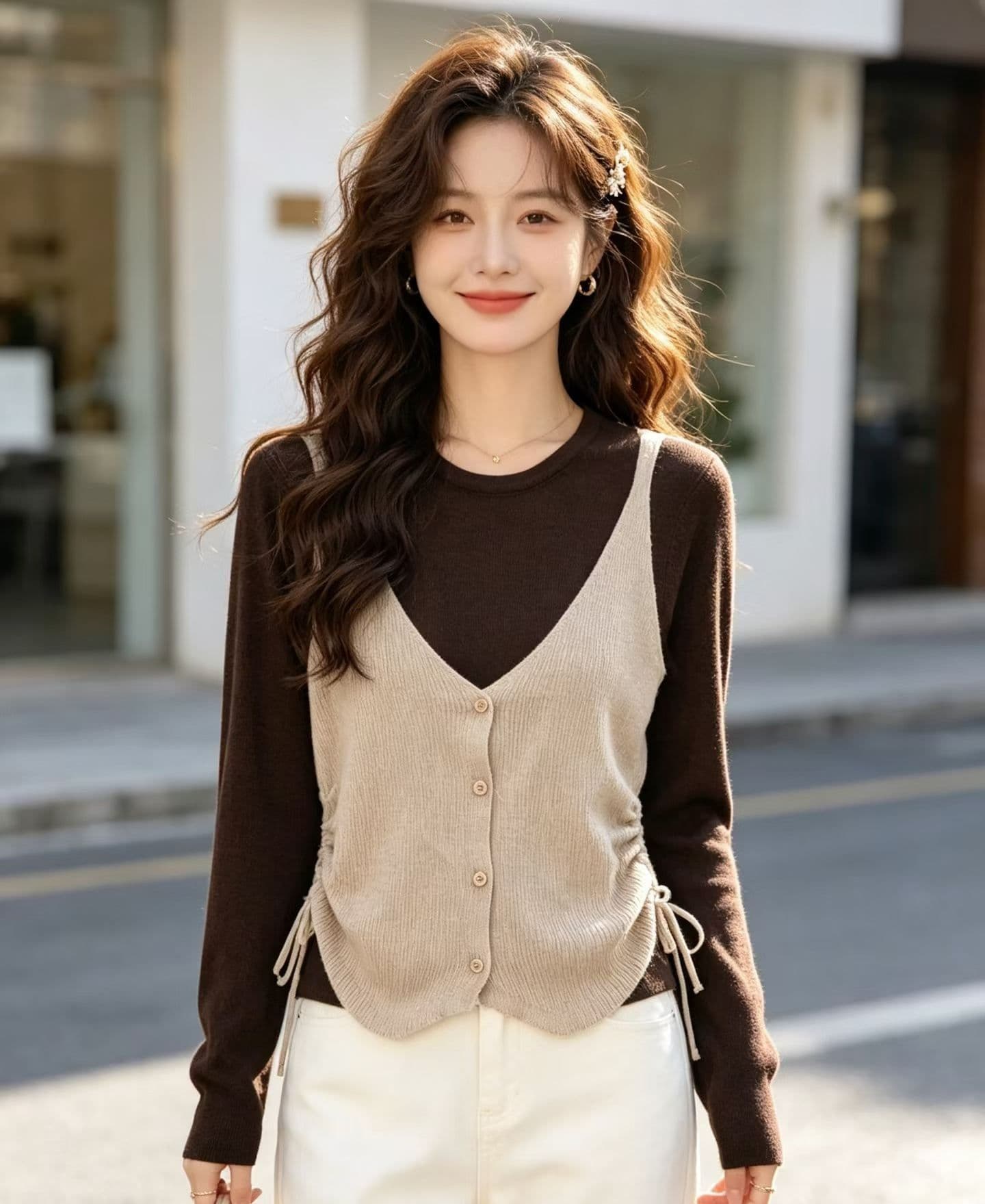 2026 한 부서 레트로 배색 페이크 레이어드 니트 펌프 로프 디자인 센스 허리 수축 풀오버 긴팔 상세 이미지 5