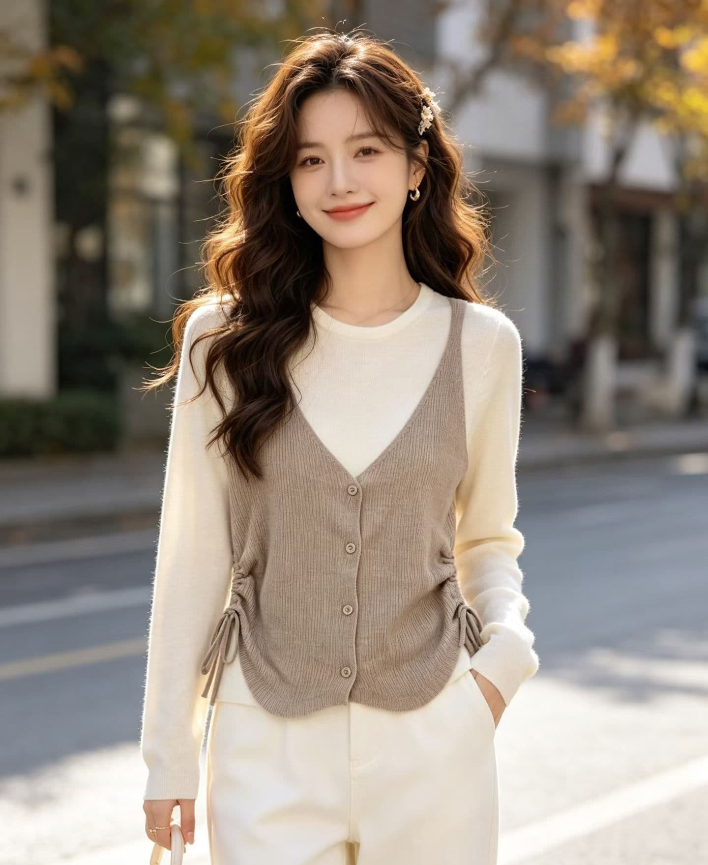 2026 한 부서 레트로 배색 페이크 레이어드 니트 펌프 로프 디자인 센스 허리 수축 풀오버 긴팔 상세 이미지 6