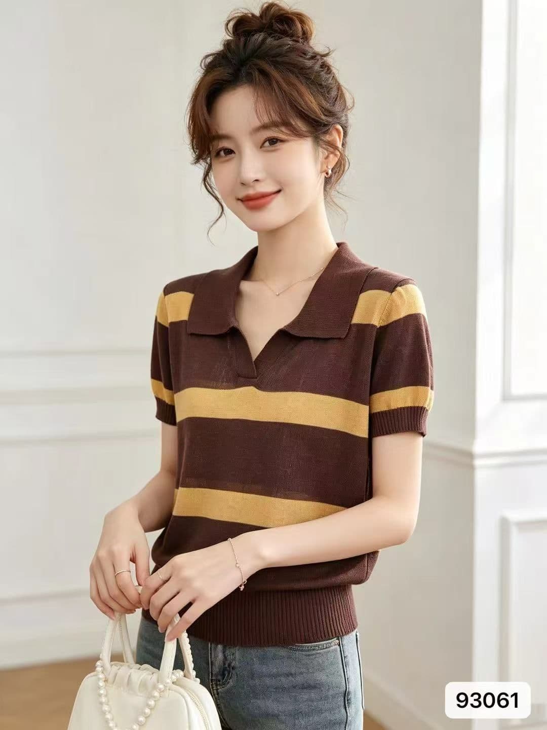 2026 한 한 부서 품격 POLO 칼라 배색 스트라이프 부드러운 찹쌀 니트 풀오버 반팔 상세 이미지 1