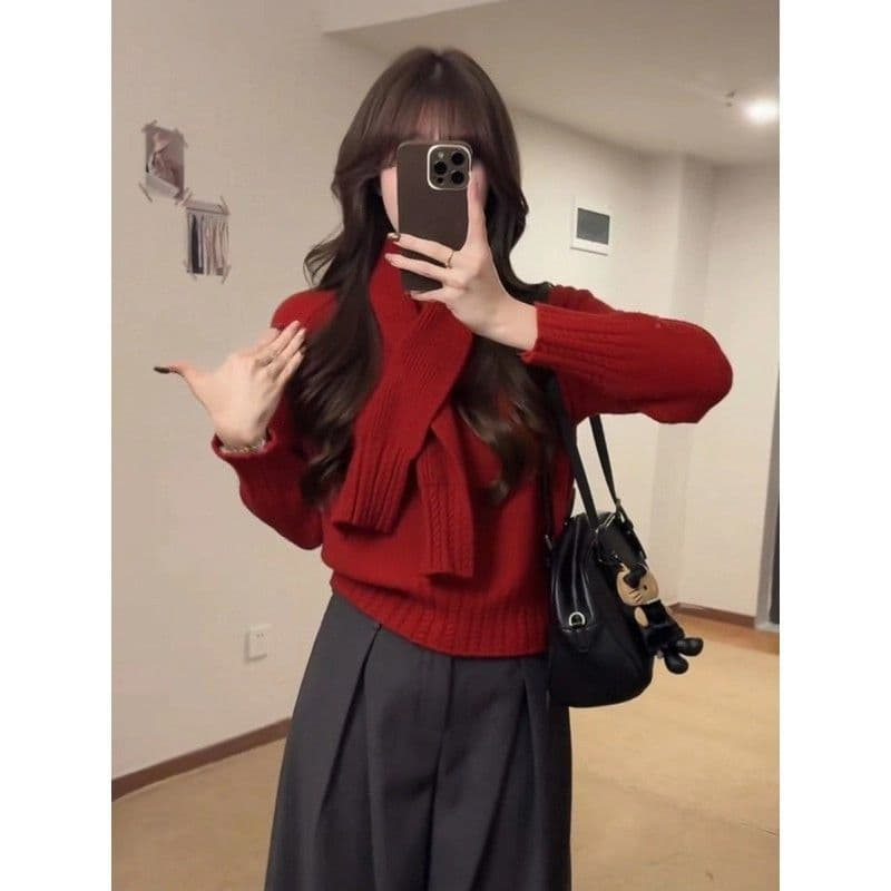 찹쌀 찹쌀 스카프 스웨터 분위기 센스 라운드 넥 니트 스웨터 느긋한 바람 투피스 세트 다용도 몸매 가꾸기 슬림해 보이는 풀오버 이미지 2