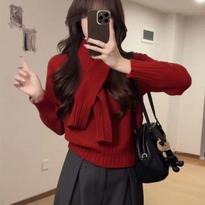 찹쌀 찹쌀 스카프 스웨터 분위기 센스 라운드 넥 니트 스웨터 느긋한 바람 투피스 세트 다용도 몸매 가꾸기 슬림해 보이는 풀오버