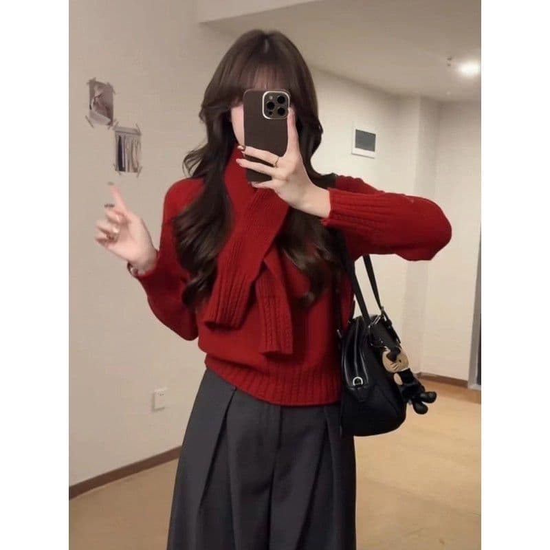 찹쌀 찹쌀 스카프 스웨터 분위기 센스 라운드 넥 니트 스웨터 느긋한 바람 투피스 세트 다용도 몸매 가꾸기 슬림해 보이는 풀오버 상세 이미지 2