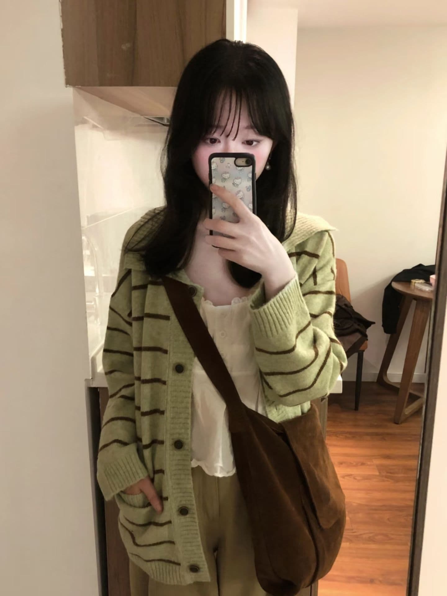 한 부서 느긋한 바람 녹색 스트라이프 폴로 칼라 스웨터 여자 겨울 새로운 루즈핏 슬림해 보이는 긴팔 니트 오픈 가디건 맨위 이미지 3