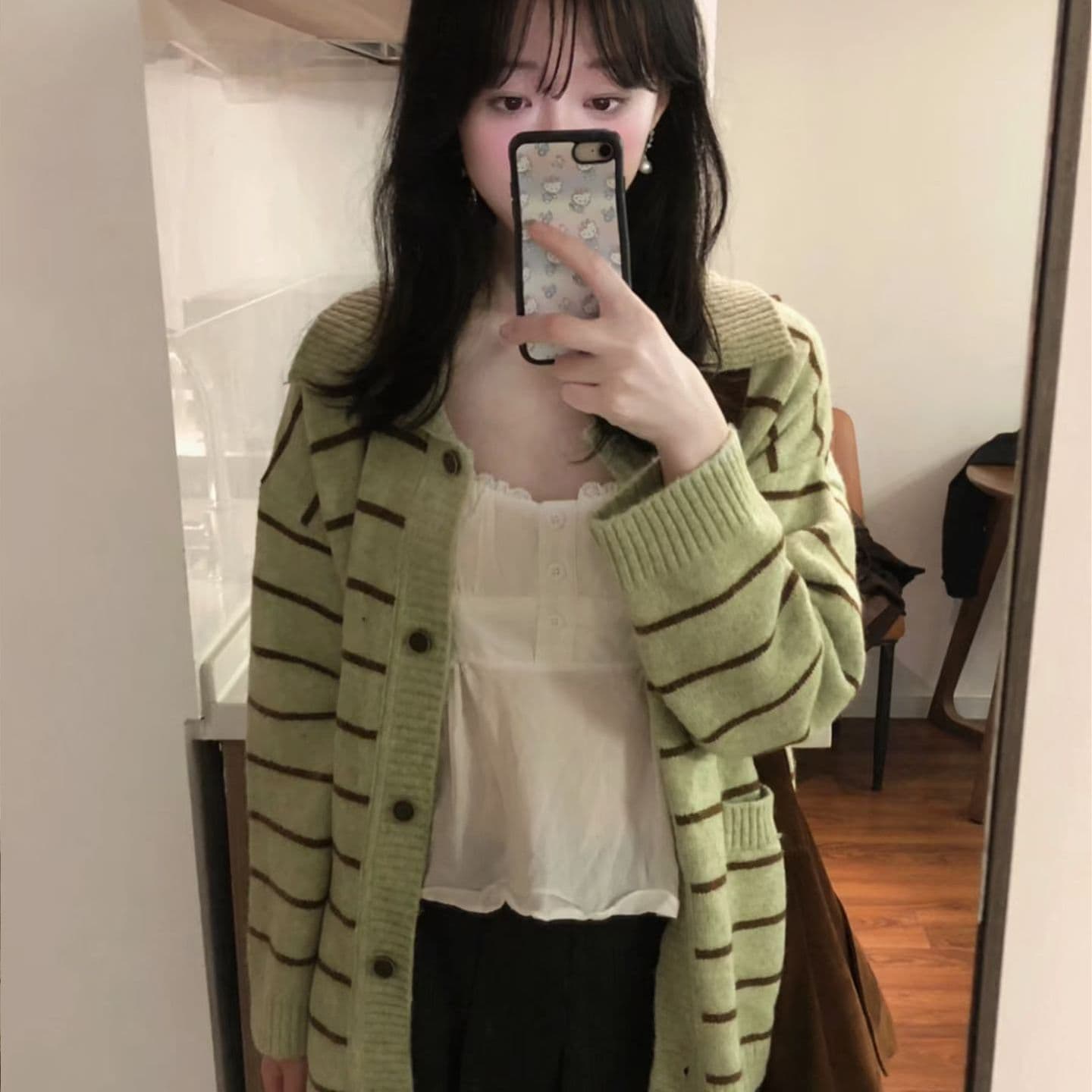 한 부서 느긋한 바람 녹색 스트라이프 폴로 칼라 스웨터 여자 겨울 새로운 루즈핏 슬림해 보이는 긴팔 니트 오픈 가디건 맨위