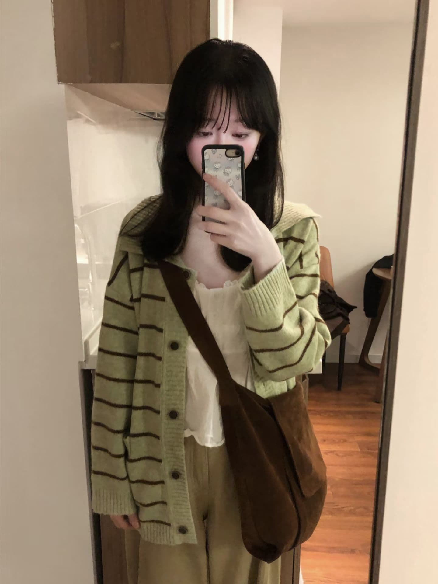한 부서 느긋한 바람 녹색 스트라이프 폴로 칼라 스웨터 여자 겨울 새로운 루즈핏 슬림해 보이는 긴팔 니트 오픈 가디건 맨위 이미지 2