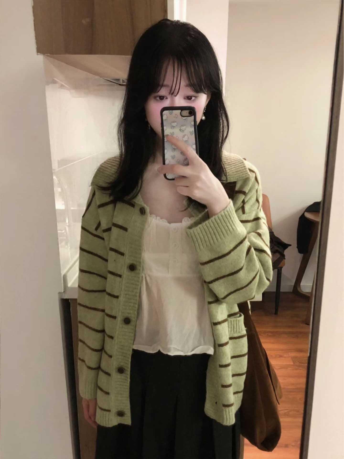 한 부서 느긋한 바람 녹색 스트라이프 폴로 칼라 스웨터 여자 겨울 새로운 루즈핏 슬림해 보이는 긴팔 니트 오픈 가디건 맨위 상세 이미지 4
