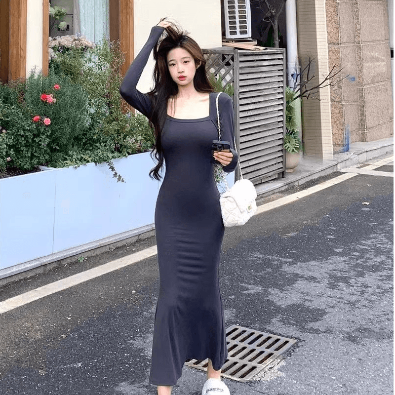 2026 년 새로운 품격 검정색 긴팔 여성 드레스 가을 겨울 고급 섹시함 만나는 타이트 스커트 인어 꼬리 롱 스커트