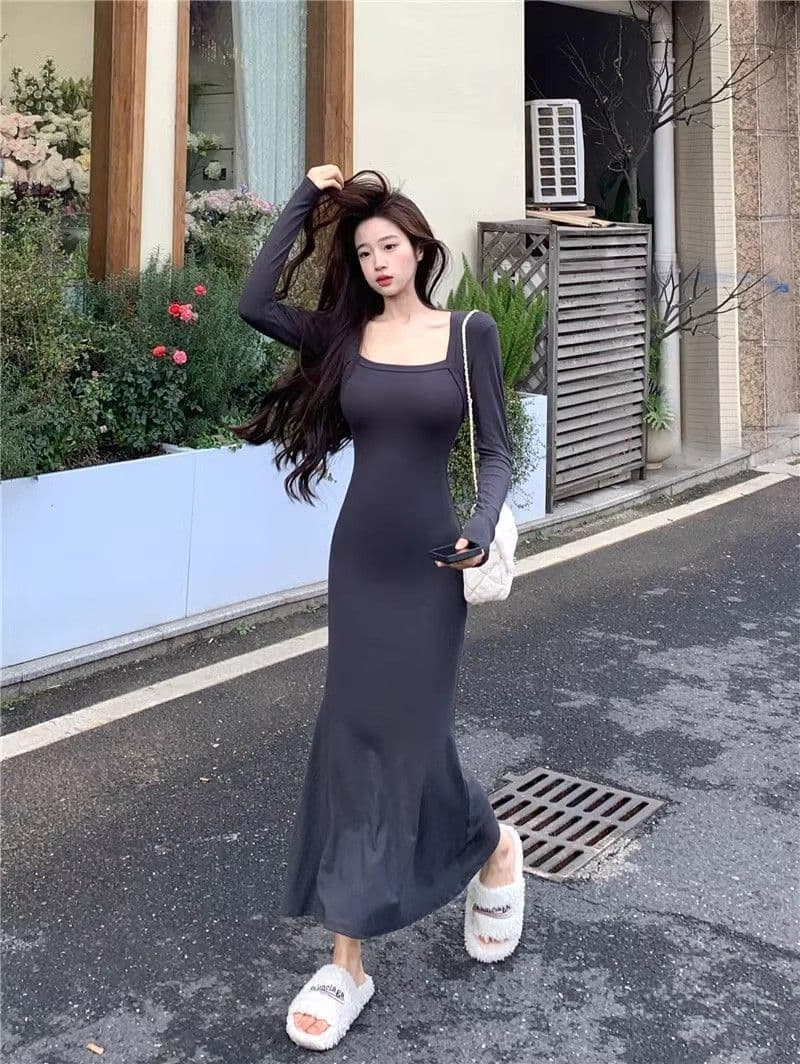 2026 년 새로운 품격 검정색 긴팔 여성 드레스 가을 겨울 고급 섹시함 만나는 타이트 스커트 인어 꼬리 롱 스커트 이미지 4