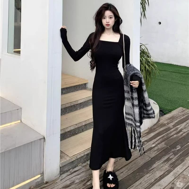 2026 년 새로운 품격 검정색 긴팔 여성 드레스 가을 겨울 고급 섹시함 만나는 타이트 스커트 인어 꼬리 롱 스커트 이미지 5