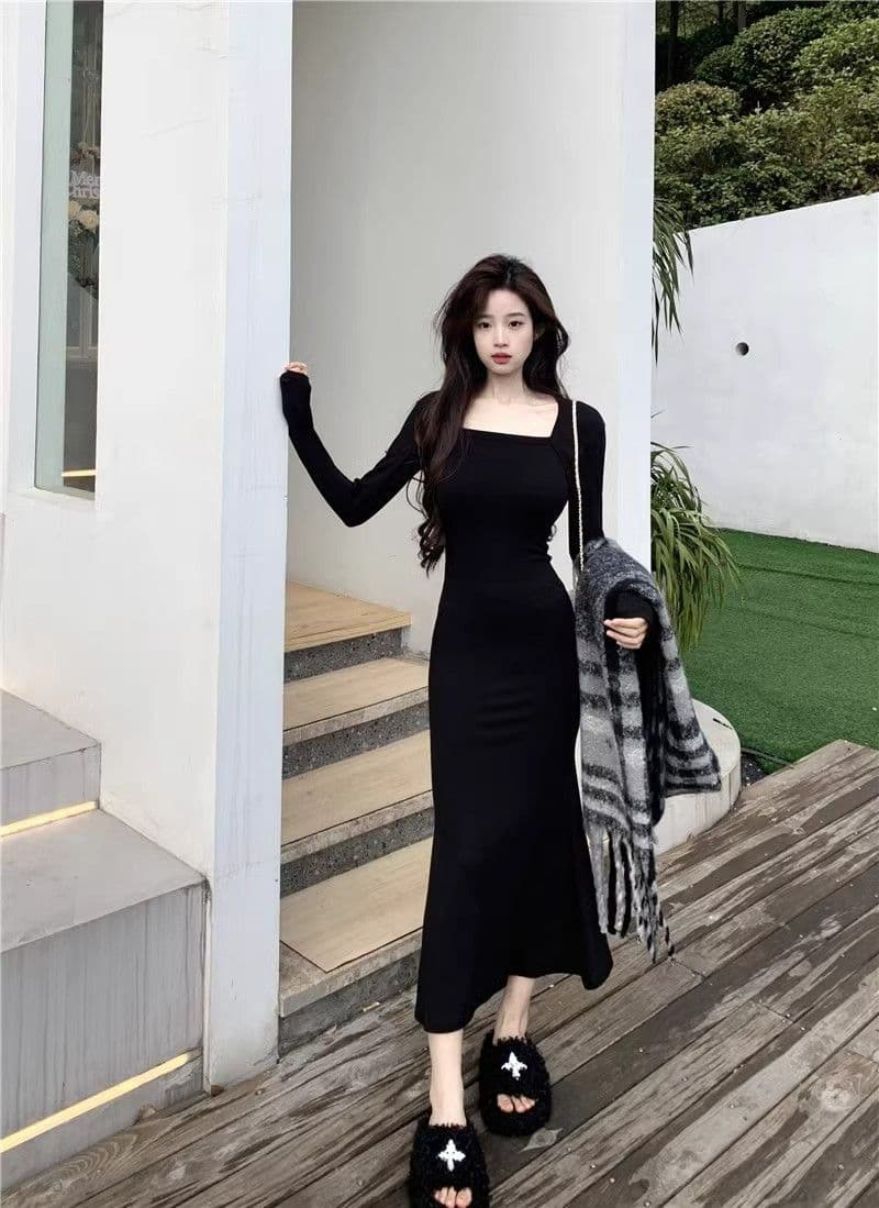 2026 년 새로운 품격 검정색 긴팔 여성 드레스 가을 겨울 고급 섹시함 만나는 타이트 스커트 인어 꼬리 롱 스커트 상세 이미지 1