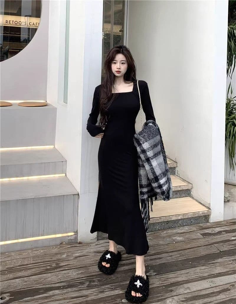 2026 년 새로운 품격 검정색 긴팔 여성 드레스 가을 겨울 고급 섹시함 만나는 타이트 스커트 인어 꼬리 롱 스커트 상세 이미지 3