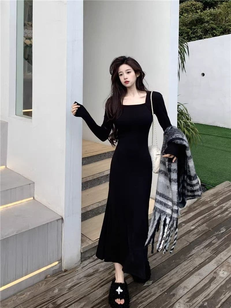 2026 년 새로운 품격 검정색 긴팔 여성 드레스 가을 겨울 고급 섹시함 만나는 타이트 스커트 인어 꼬리 롱 스커트 상세 이미지 4