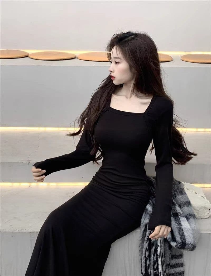 2026 년 새로운 품격 검정색 긴팔 여성 드레스 가을 겨울 고급 섹시함 만나는 타이트 스커트 인어 꼬리 롱 스커트 상세 이미지 6