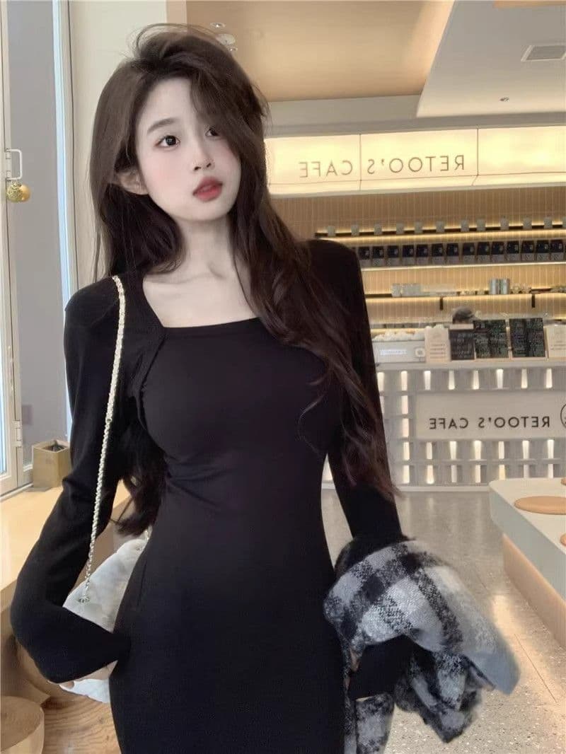 2026 년 새로운 품격 검정색 긴팔 여성 드레스 가을 겨울 고급 섹시함 만나는 타이트 스커트 인어 꼬리 롱 스커트 상세 이미지 9