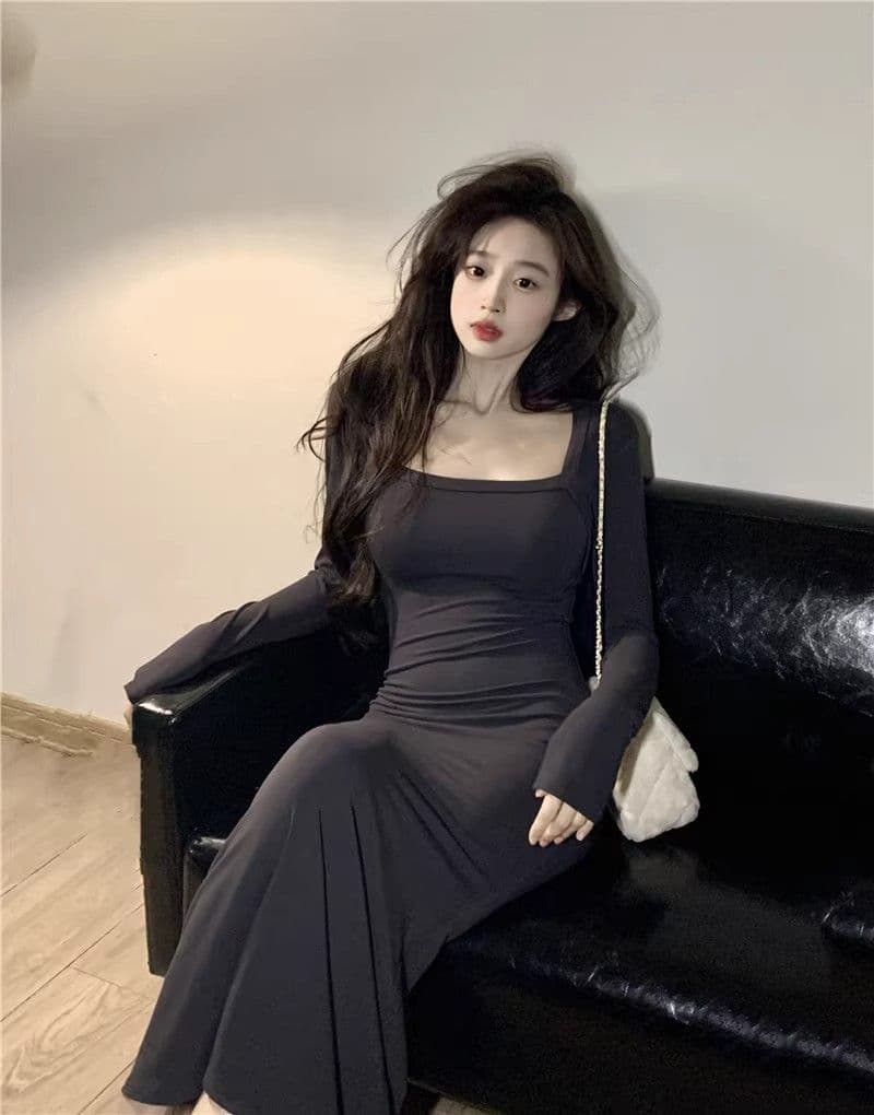 2026 년 새로운 품격 검정색 긴팔 여성 드레스 가을 겨울 고급 섹시함 만나는 타이트 스커트 인어 꼬리 롱 스커트 상세 이미지 19