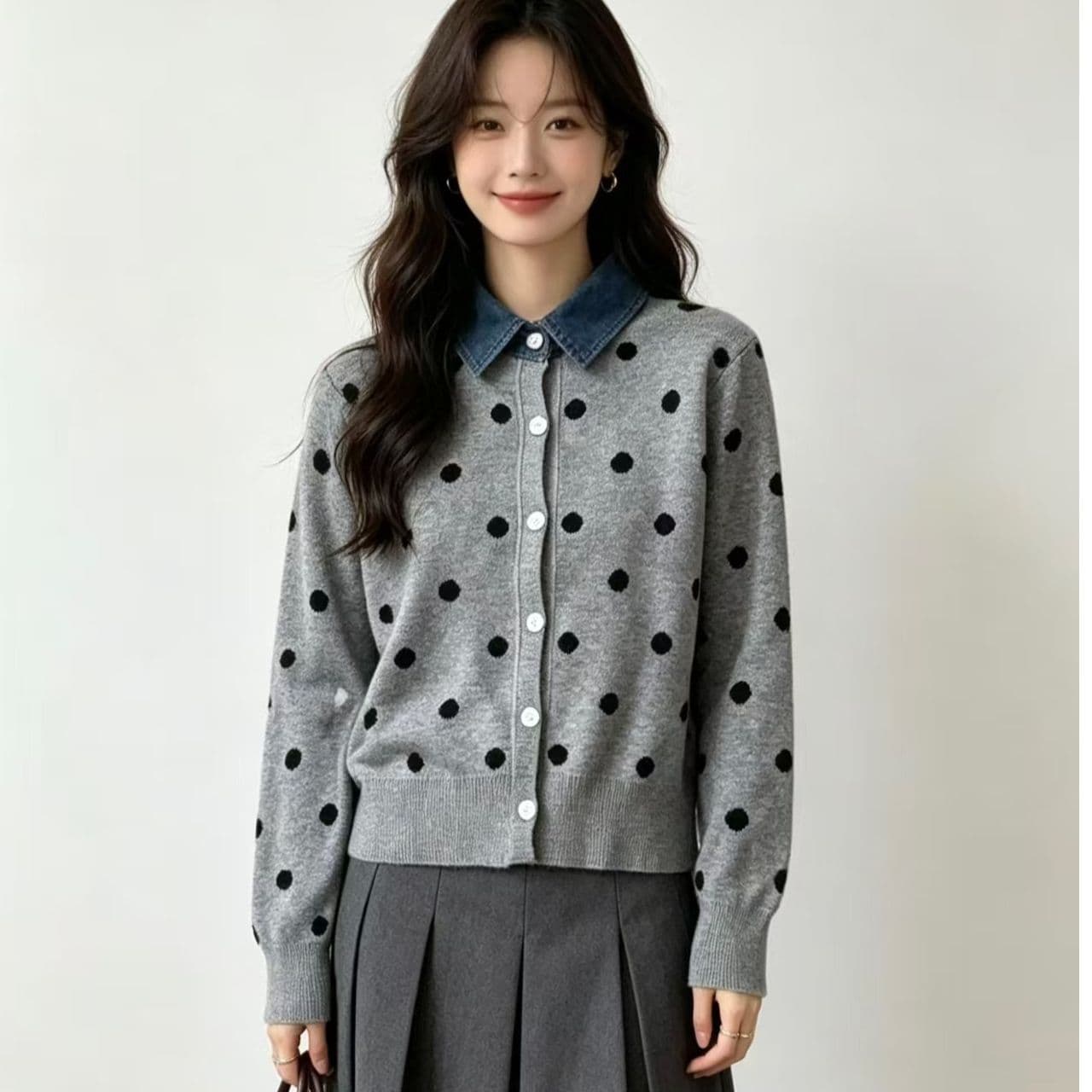 2026 년 가을 새로운 프랑스식 POLO 칼라 데님 패치워크 도트 무늬 페이크 레이어드 긴팔 스웨터 코트 다용도 상세 이미지 3