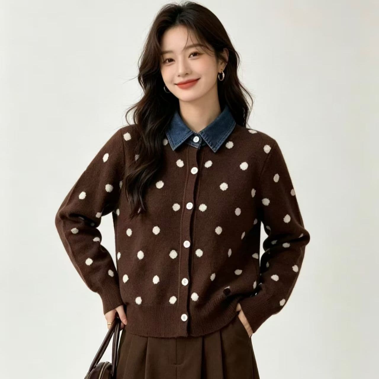 2026 년 가을 새로운 프랑스식 POLO 칼라 데님 패치워크 도트 무늬 페이크 레이어드 긴팔 스웨터 코트 다용도 상세 이미지 4