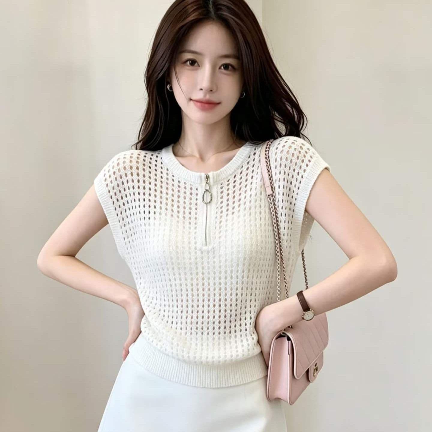 2026 패션 라운드 넥 지퍼 하프 열린 가슴 홀로우 아웃 니트 풀오버 반팔