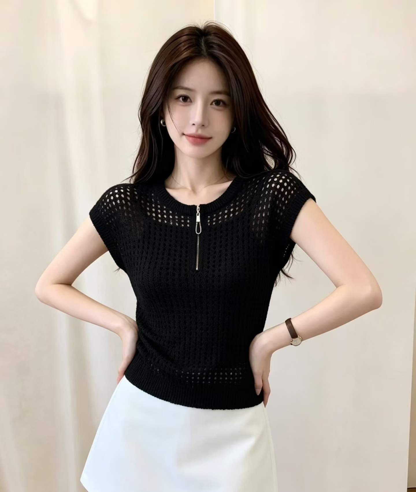 2026 패션 라운드 넥 지퍼 하프 열린 가슴 홀로우 아웃 니트 풀오버 반팔 이미지 4
