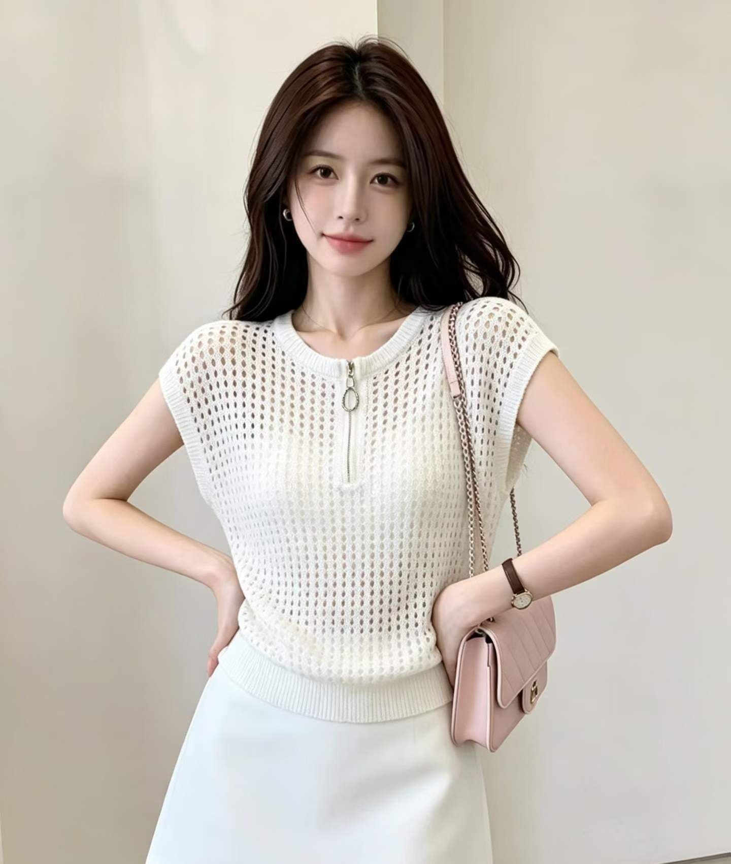 2026 패션 라운드 넥 지퍼 하프 열린 가슴 홀로우 아웃 니트 풀오버 반팔 상세 이미지 2