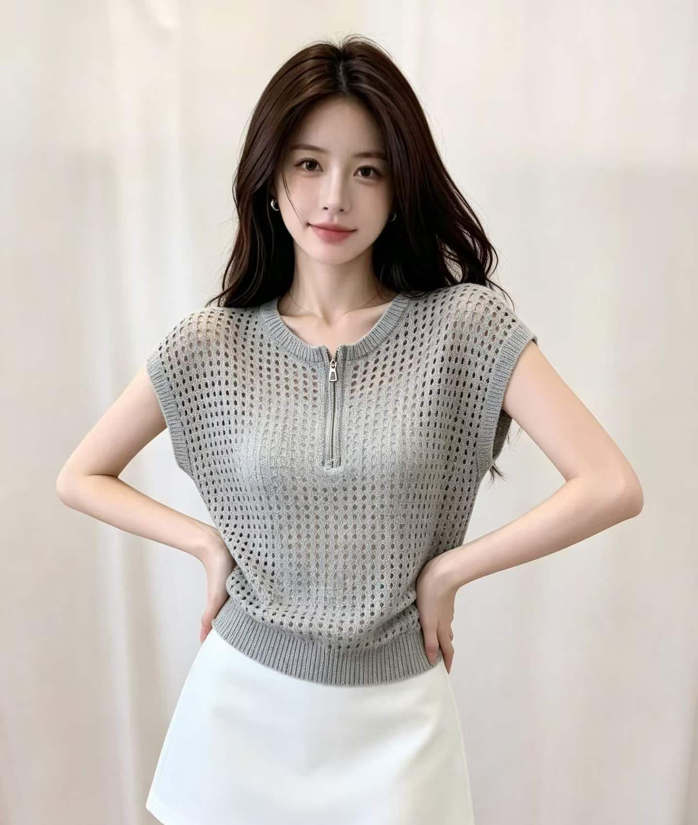 2026 패션 라운드 넥 지퍼 하프 열린 가슴 홀로우 아웃 니트 풀오버 반팔 상세 이미지 3