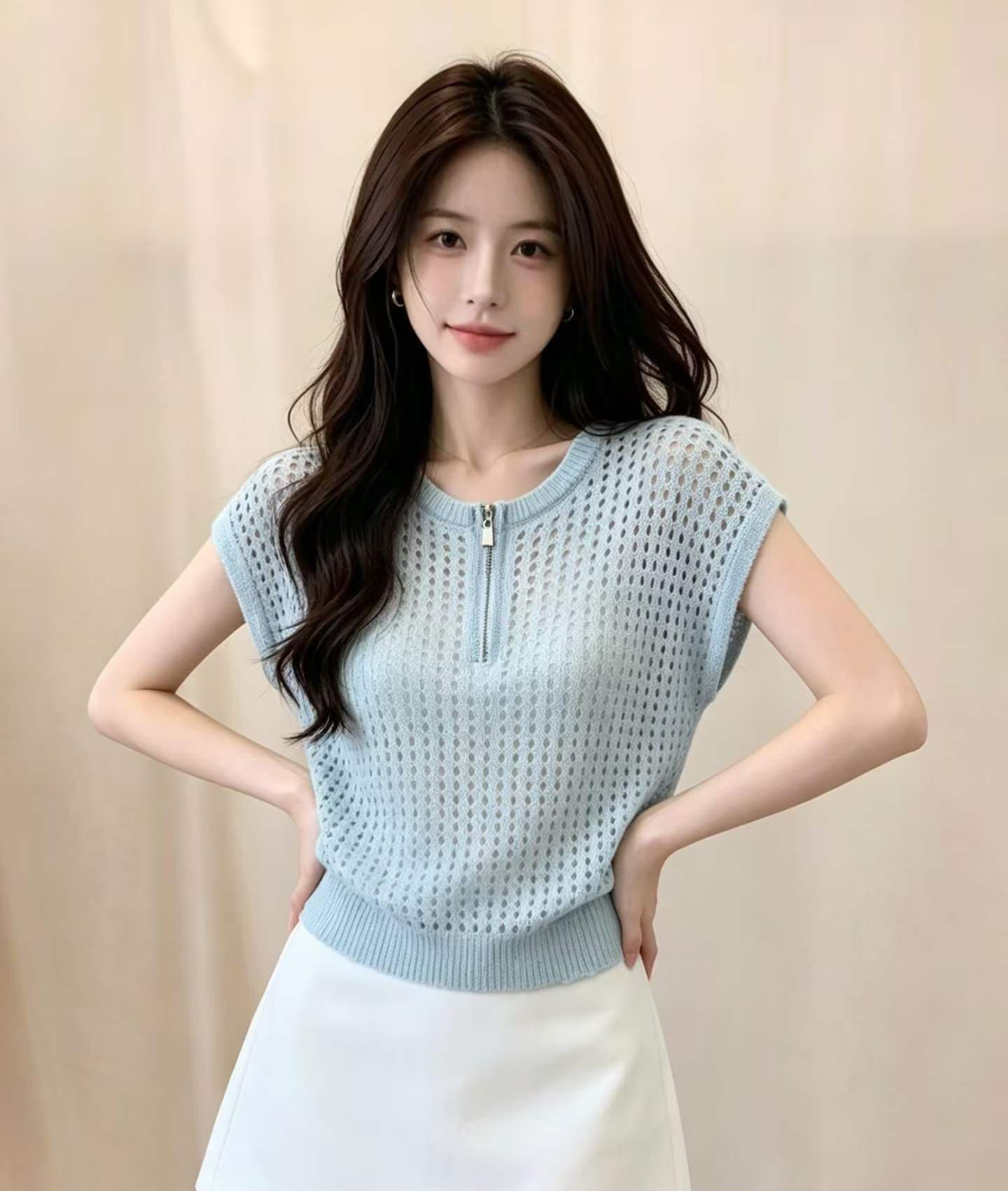 2026 패션 라운드 넥 지퍼 하프 열린 가슴 홀로우 아웃 니트 풀오버 반팔 상세 이미지 4