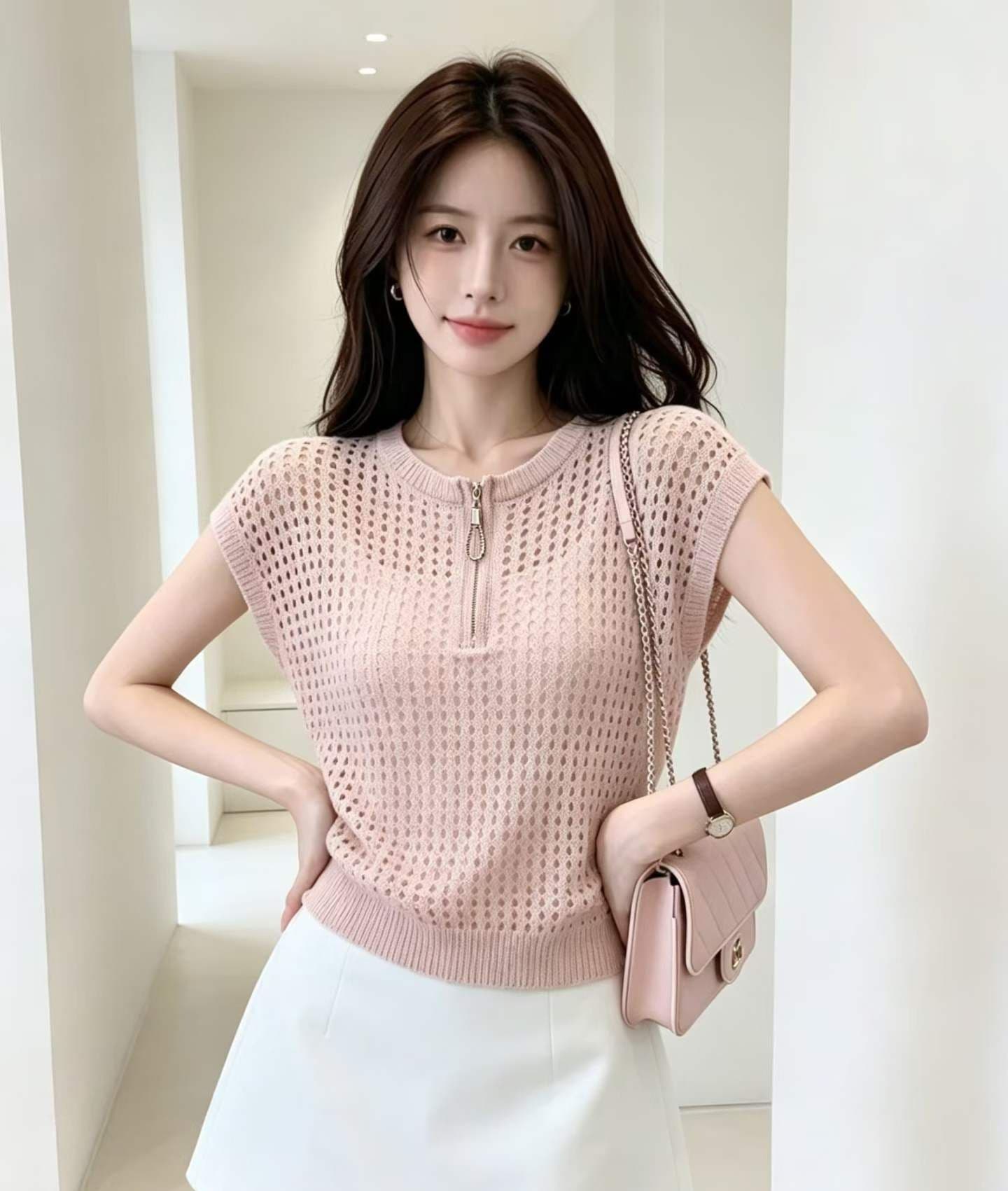 2026 패션 라운드 넥 지퍼 하프 열린 가슴 홀로우 아웃 니트 풀오버 반팔 상세 이미지 5