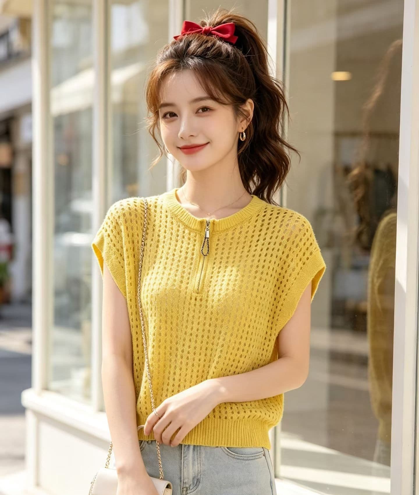 2026 패션 라운드 넥 지퍼 하프 열린 가슴 홀로우 아웃 니트 풀오버 반팔 상세 이미지 6