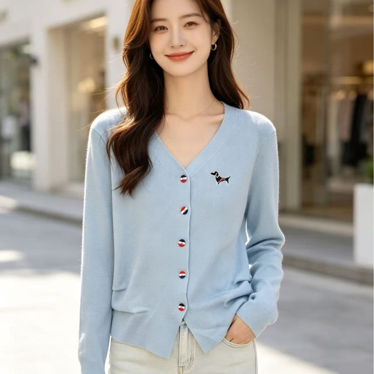 2026 가을 새로운 한국 스타일 배색 V넥 강아지 자수 주름 허리 수축 슬림해 보이는 긴팔 오픈 가디건 다용도 맨위