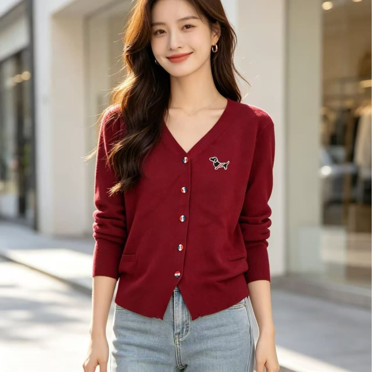 2026 가을 새로운 한국 스타일 배색 V넥 강아지 자수 주름 허리 수축 슬림해 보이는 긴팔 오픈 가디건 다용도 맨위 이미지 5
