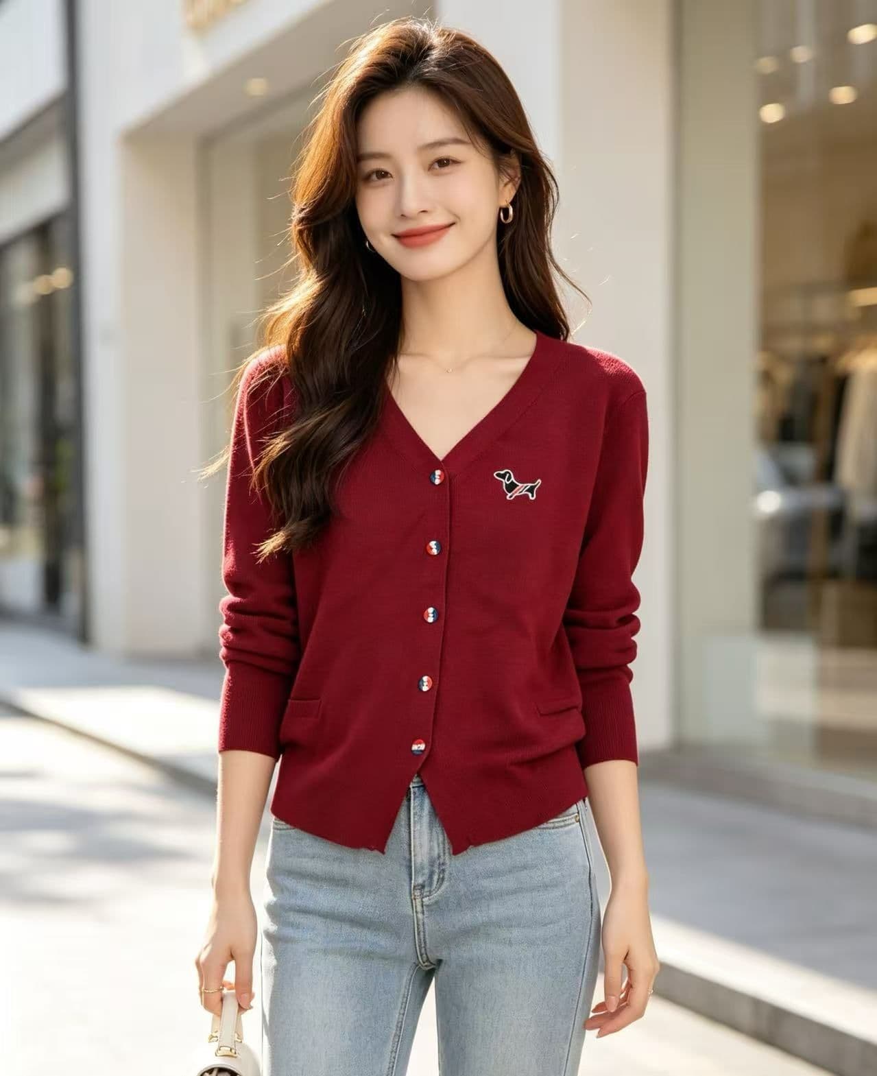 2026 가을 새로운 한국 스타일 배색 V넥 강아지 자수 주름 허리 수축 슬림해 보이는 긴팔 오픈 가디건 다용도 맨위 상세 이미지 2