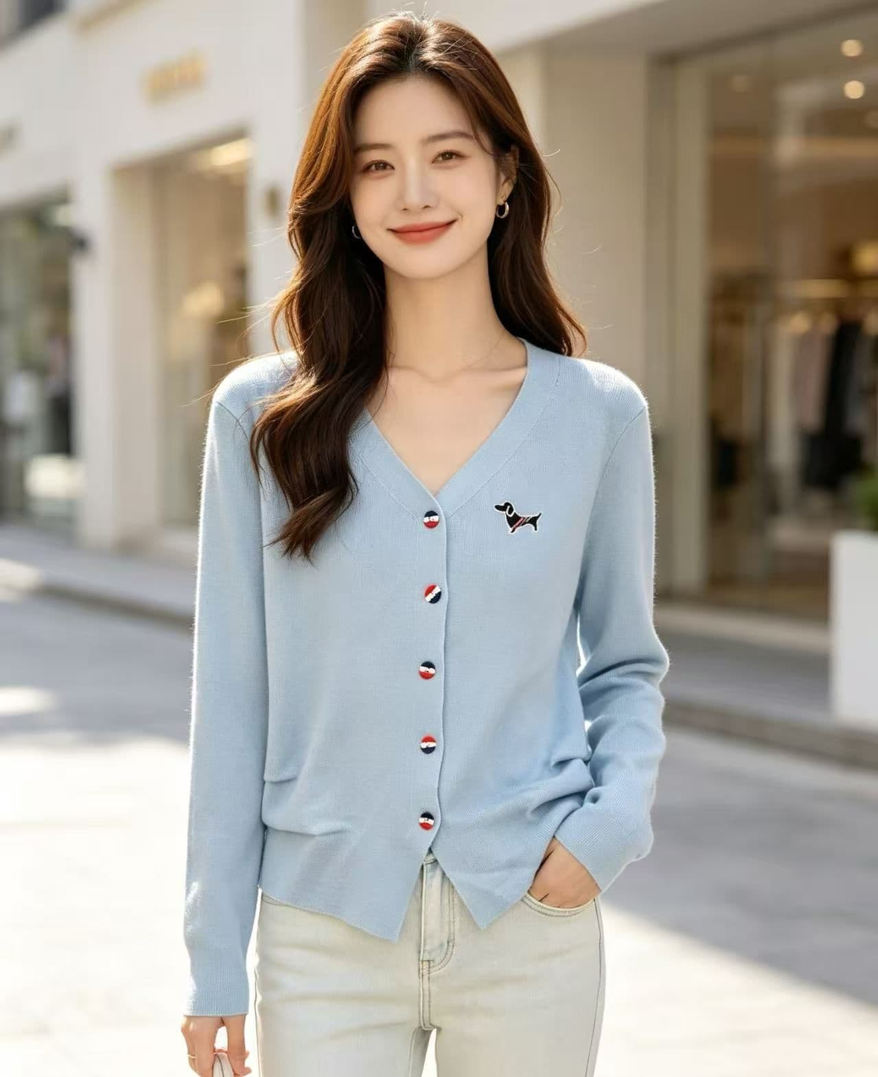2026 가을 새로운 한국 스타일 배색 V넥 강아지 자수 주름 허리 수축 슬림해 보이는 긴팔 오픈 가디건 다용도 맨위 상세 이미지 4