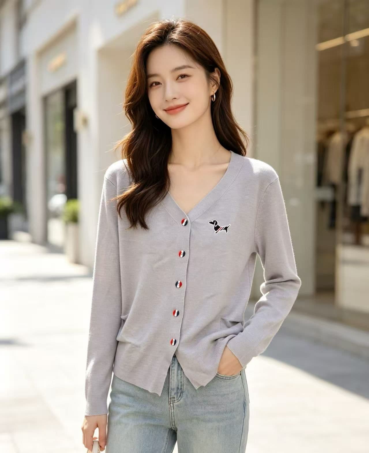 2026 가을 새로운 한국 스타일 배색 V넥 강아지 자수 주름 허리 수축 슬림해 보이는 긴팔 오픈 가디건 다용도 맨위 상세 이미지 6