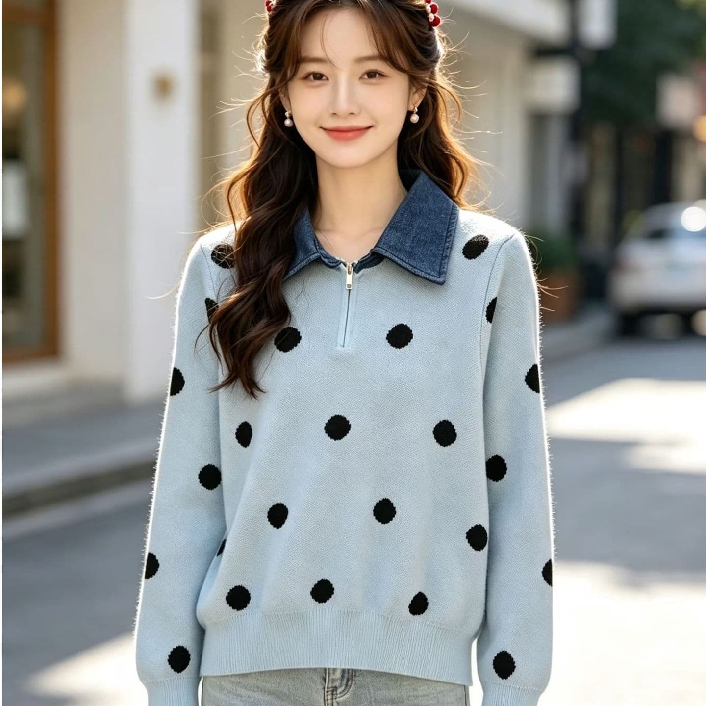 2026 패션 데님 칼라 지퍼 하프 열린 가슴 도트 무늬 자카드 풀오버 긴팔