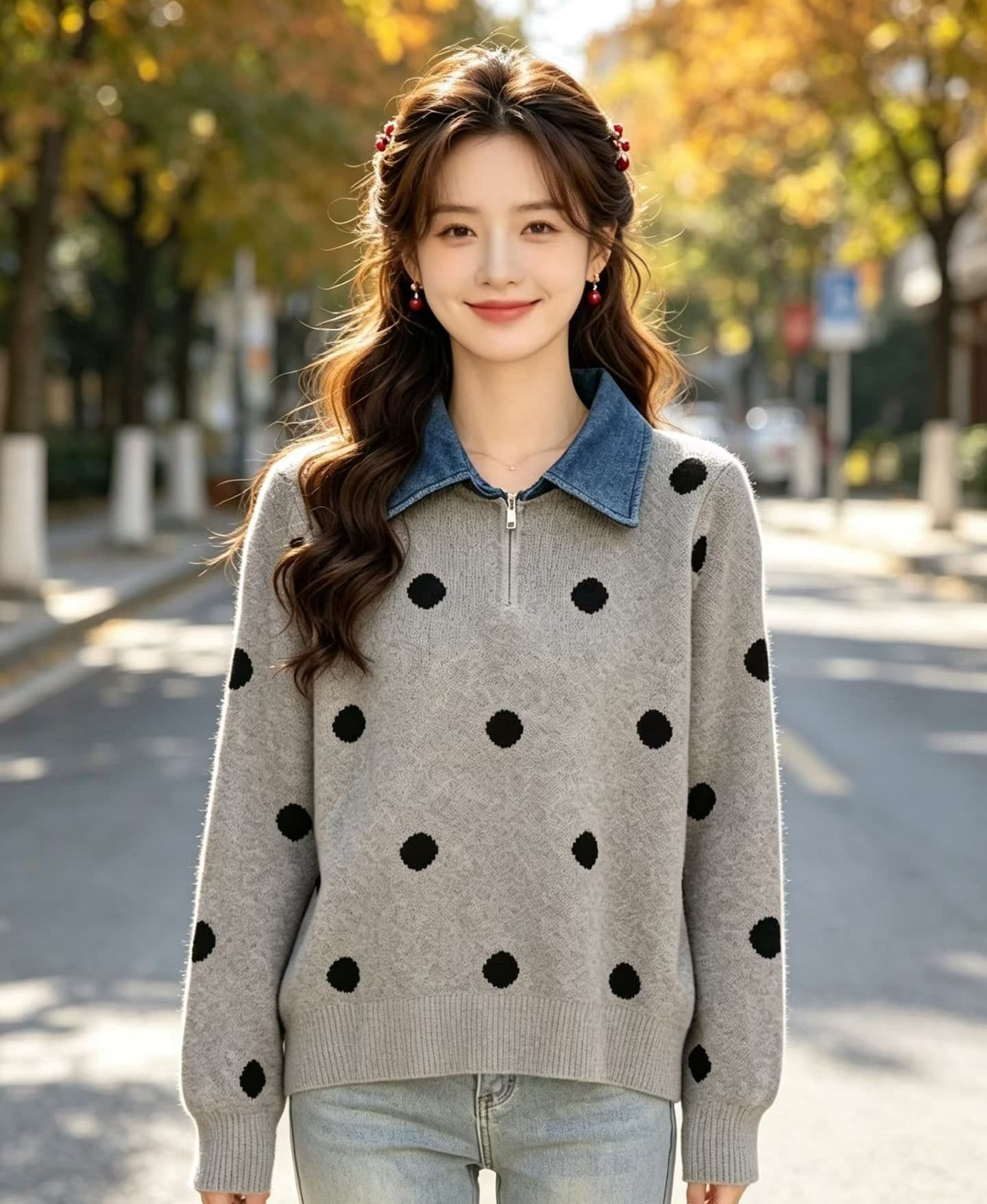 2026 패션 데님 칼라 지퍼 하프 열린 가슴 도트 무늬 자카드 풀오버 긴팔 이미지 4