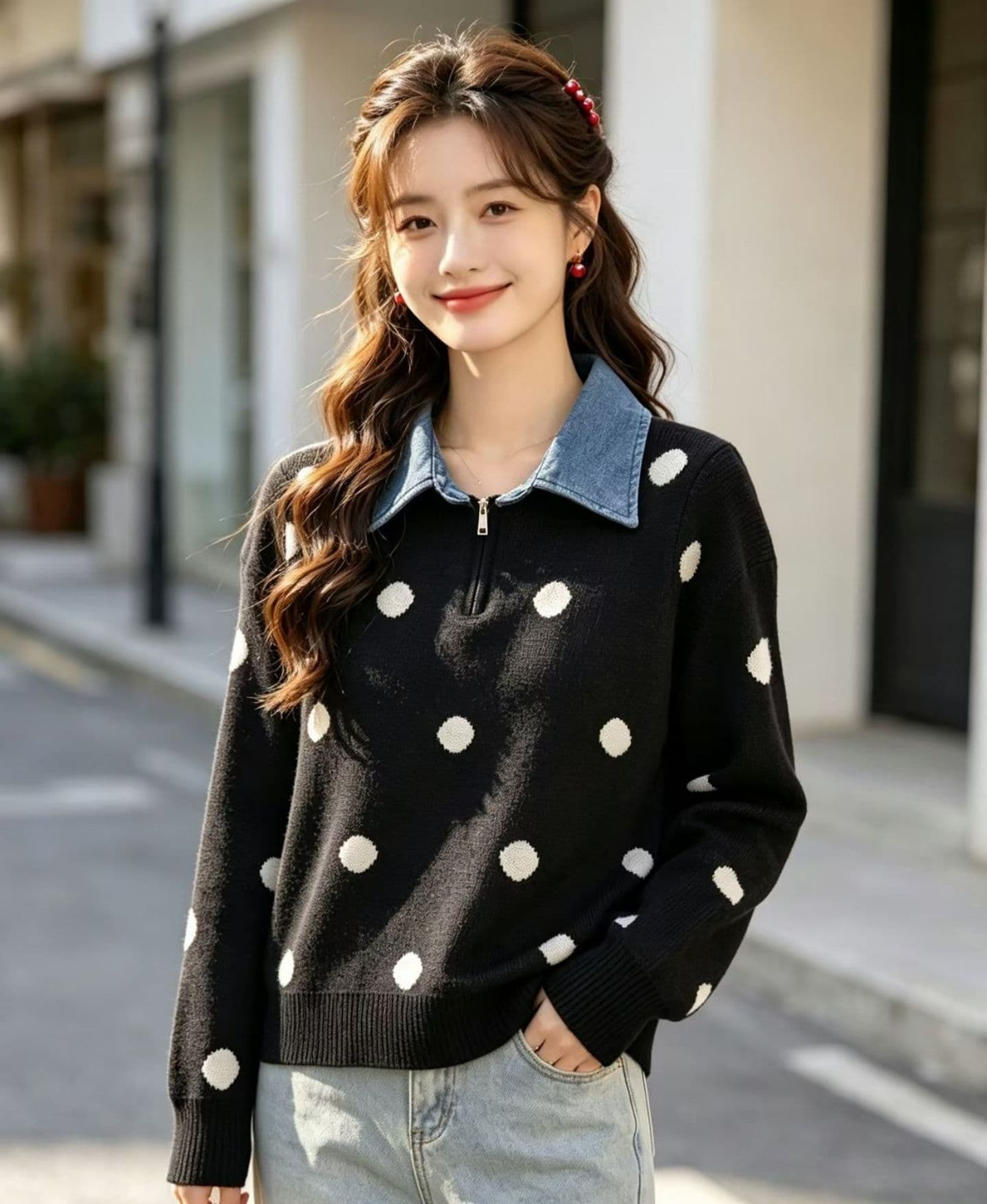2026 패션 데님 칼라 지퍼 하프 열린 가슴 도트 무늬 자카드 풀오버 긴팔 상세 이미지 1