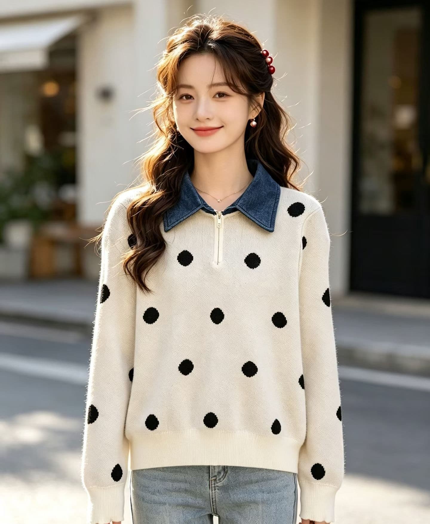 2026 패션 데님 칼라 지퍼 하프 열린 가슴 도트 무늬 자카드 풀오버 긴팔 상세 이미지 2